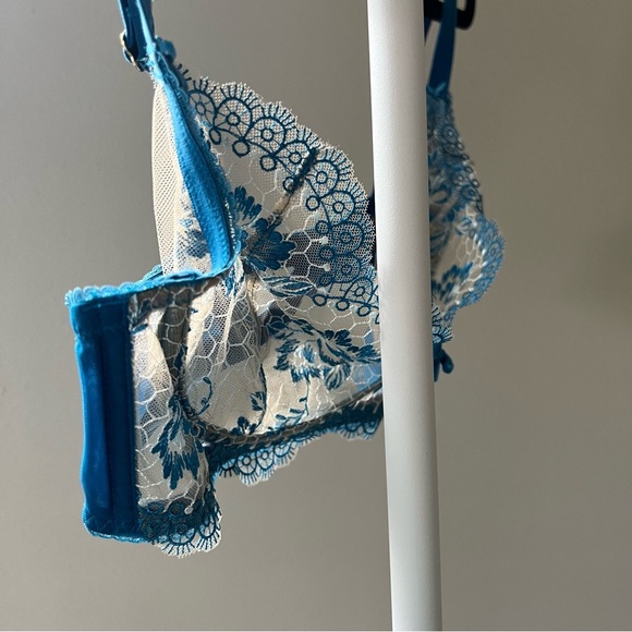 🔖Dita Von Teese Lingerie Evelina Underwire Bra Blue Lace Bow Embroidery Mesh - Picture 6 of 9